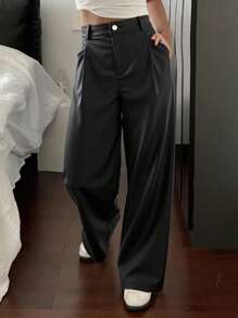 Livesso 女式简约纯色 PU 皮革阔腿裤，秋季休闲日常穿着