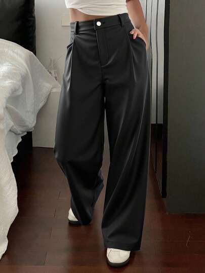 Livesso 女式简约纯色 PU 皮革阔腿裤，秋季休闲日常穿着