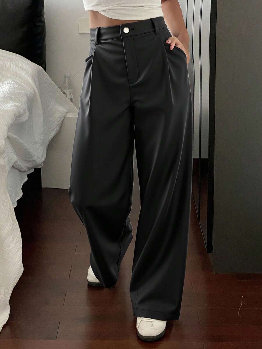 Livesso 女式简约纯色 PU 皮革阔腿裤，秋季休闲日常穿着