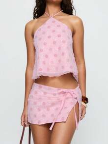 Women Summer Fashion Sleeveless Polka Dot Tie Hanging Neck Set Top + Shorts Club Seaside Tank Top Short Skirt Set - Hồng - Xem 2