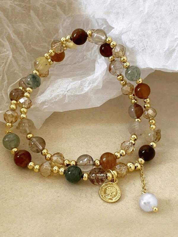 1Pc Vintage Double Layered Crystal Pearl Beaded Bracelet For Women Natural Stone Beads Wrap Bangle Bracelet Jewelry Gifts (Bead Color Random)