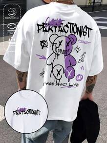 T-shirt da uomo in cotone a coste, stampa di orso in stile street, abbigliamento sportivo da uomo in stile college per la primavera e l'estate, top a maniche corte da uomo bianchi, morbidi e traspiranti.