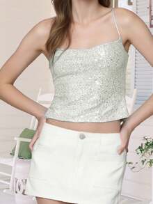 Women's Sparkle Cami Tops Sleeveless Spaghetti Strap Square Neck Sequin Camisole Party Rave Tops - White - View 5
