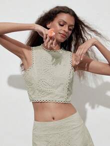 1 chiếc áo croptop không tay thêu hoa khoét rỗng kiểu vintage, họa tiết hoa ngẫu nhiên. - Lạc đà - Xem 6