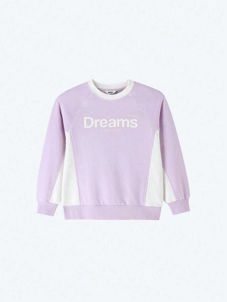 Annil Blusão de Moletom com Gola Redonda e Manga Longa com Blocos de Cor para Meninas Pré-Adolescentes no Outono - Roxo - Visão 1