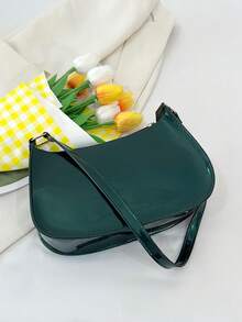 纯色极简拉链单肩包，时尚新月形包，拉链单肩包，仿皮纯色钱包，酒红色内衣收纳袋，理想的新年礼物，时尚酒红色内衣收纳袋 - 墨綠色 - 查看 4