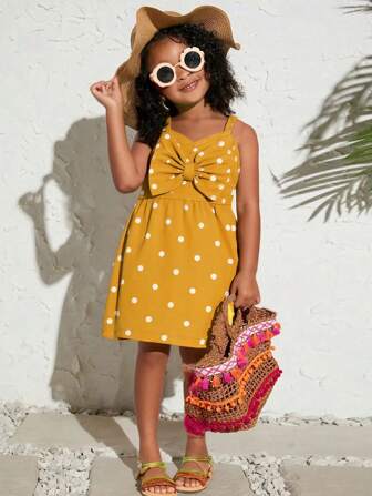 Young Girls' Plain Color Spaghetti Strap Bow Decor Simple Short Dress