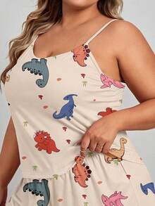 1 pieza Pijama de tirantes para mujer talla grande con estampado lindo de dinosaurio, cuello redondo, tirantes finos, espalda descubierta, para primavera y verano