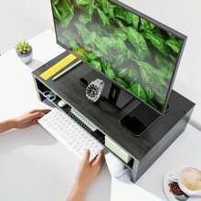 Soporte elevador de monitor de simple, organizador de almacenamiento de escritorio de oficina de 2 niveles de madera para laptop, computadora, negro