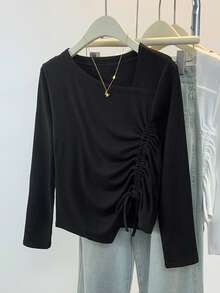 女式纯色抽绳设计休闲日常百搭 T 恤，不对称百搭修身简约上衣，秋季