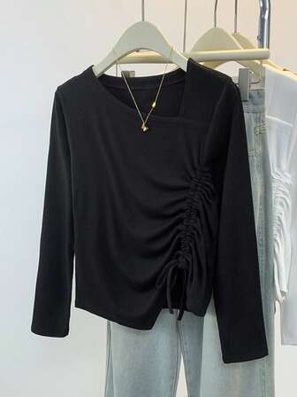 女式纯色抽绳设计休闲日常百搭 T 恤，不对称百搭修身简约上衣，秋季