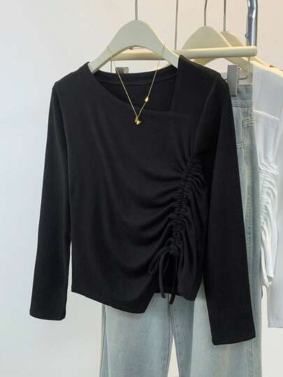 女式纯色抽绳设计休闲日常百搭 T 恤，不对称百搭修身简约上衣，秋季