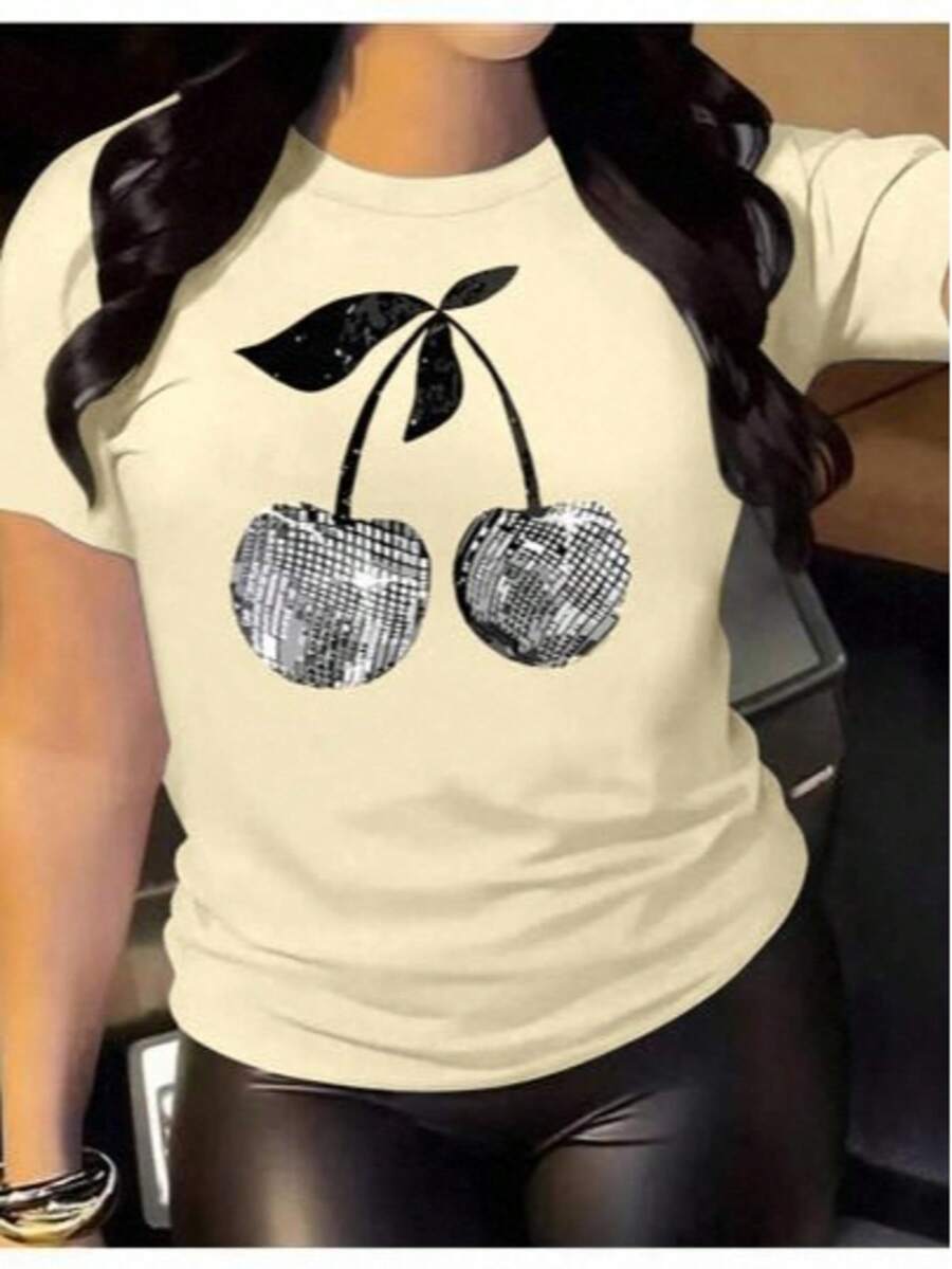 Playera básica mujer dama cuello redondo manga corta estampado cereza cherry casual algodón comodidad estilo moderno versatilidad moda casual outfit diario  | Textura Suave Fortiz - Caqui - Ver 1