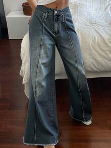 Livesso 女式喇叭牛仔裤，带磨损下摆，宽松牛仔裤 - 藍色 - 查看 3