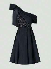 Faeriesty Luxury Sequined A-Line Asymmetrical Neck Bow Dress - Spring/Summer Formal Wear For Weddings, Private Parties & Galas, Party Dress, For Cocktail