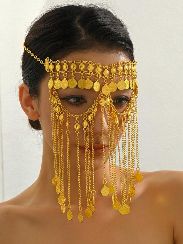 1 pièce Chaîne de visage avec longue frange dorée de style moyen-oriental , bijou de tête pour performer de fête, voile en alliage métallique exotique brillant