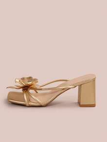 Square Toe Solid Color Elegant Commuter Chic Fairy Style PU Leather Floral Embellished High Heel Sandals Suitable For Dates, Vacations, Shopping, Parties, Weddings, Office In Summer - Gold - View 5