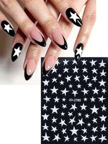 2 件 Y2K 黑白星星指甲贴纸不对称星星图案指甲贴花经典简约星星美甲装饰沙龙 DIY 美甲用品美甲配件适合女士和女孩 - 黑與白 - 查看 6