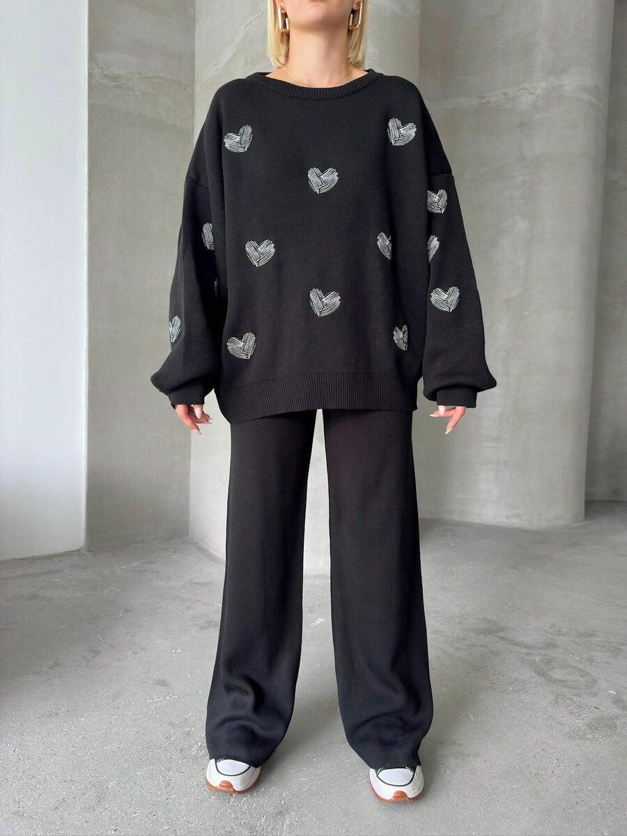 Women Casual Heart Pattern Round Neck Long Sleeve Pullover Top And Long Pants Set, Embroidery Design - Black - View 1