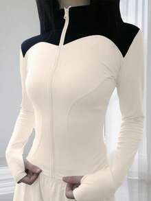 1 件女士时尚性感塑形撞色拼布瑜伽夹克低冲击立领带拇指孔冬季夹克女士拉链长袖舒适柔软开衫秋季户外度假修身运动上衣适合日常瑜伽、健身、跑步、骑自行车、训练、网球