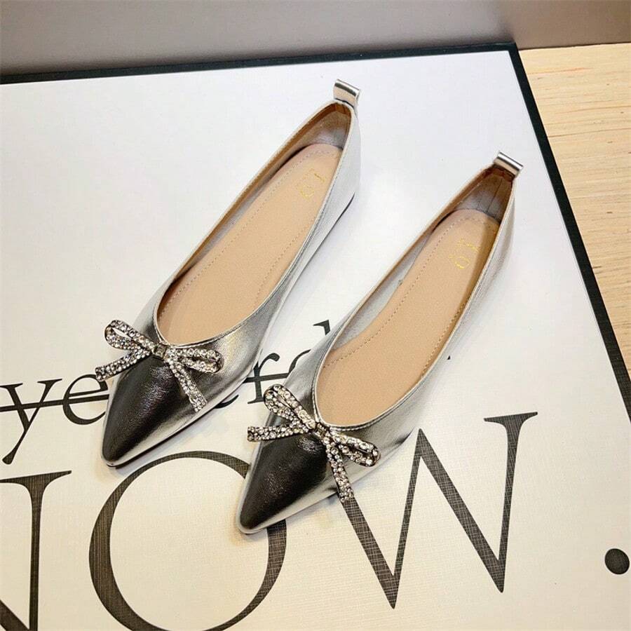 Silver Flat Women's Shoes With Flat Opening, Shiny Decorations, Party Evening Shoes, Light And Comfortable Design Party Bows Rhinestones