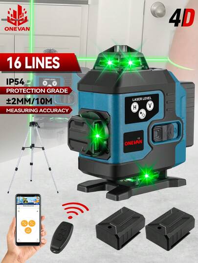 ONEVAN 16 Linien 4D-Laser-Wasserwaage 360 Horizontal Vertikal Grüne Linie Laser-Wasserwaage Selbstnivellierendes Mess- und Nivellierwerkzeug