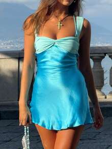 Women Y2k Back Tie Up Bow Mini Dress Summer Sleeveless Contrast Colors Backless Cami Dress Ruched Flowy Beach Vacation Short Dresses - 藍色 - 查看 2