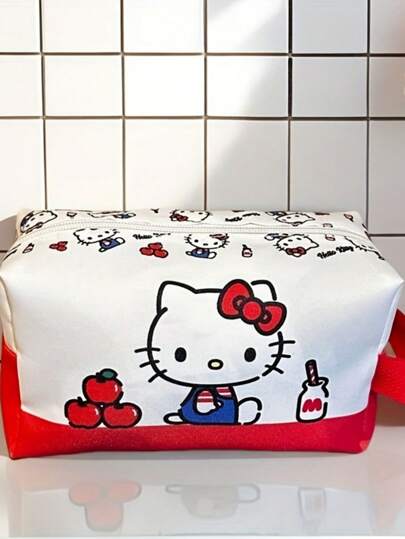 1 pieza Bolsa de cosméticos de gran capacidad de Hello Kitty con asa roja - Diseño de dibujos animados adorable, ideal para viajes y almacenamiento en el baño | Bolsa de regalo para vacaciones, organizador de baño | Accesorio divertido | Material duradero, adecuado para accesorios de Hello Kitty