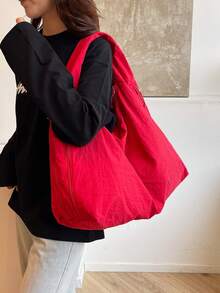 2025 Spring/Summer New Red Nylon Fabric Handbag, Large Capacity Solid Color Shoulder Bag, Casual Loose Style Tote, Versatile College Campus Bag, Simplistic Fashion Satchel, Short Trip Travel Bag, Dual Zipper Side Pockets, Crescent Shape - Red - View 3