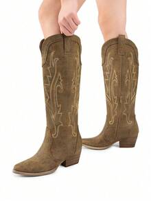 Women's Knee-High Boots, Comfortable Chunky Block Heel Pointed Toe Pull On Side Zipper Suede Slouch Riding Boots - Yellow - View 9