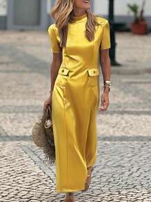 Elegante abito a-line di colore giallo senape per donna - maniche corte alla moda, perfetto per la primavera e l'autunno