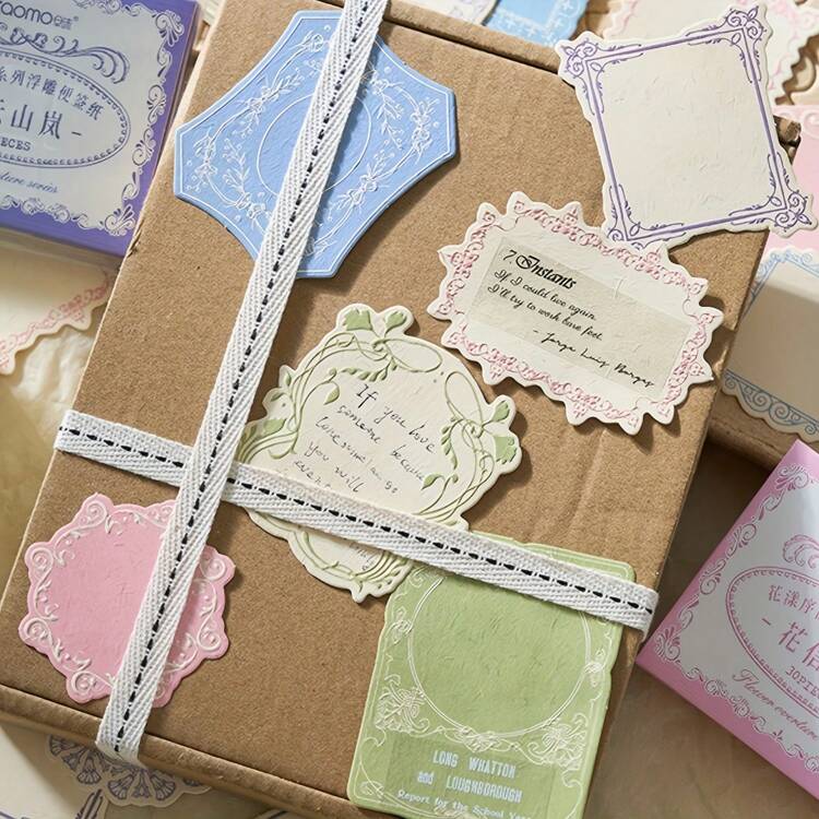 レトロ 押し型装飾用特殊紙 30枚入り、分厚いノートパッド、フローラルボーダー&リボンデザイン、ミニマルスタイル、ジャーナリング、装飾、書き込み用メッセージカードに適しています - マルチカラー - 見る 3