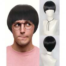 男士直发蘑菇头假发，带刘海，无胶耐热假发，高密度合成纤维替换发，学院风短发，搞笑书呆子假发，万圣节感恩节圣诞节服装配饰 - 彩色 - 查看 1