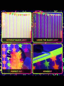 4件套超大荧光派对用品，2包霓虹派对装饰，3.3 x 6.6英尺紫色、黄色和橙色星星金属丝帘，拍照背景，生日派对装饰 - 彩色 - 查看 3