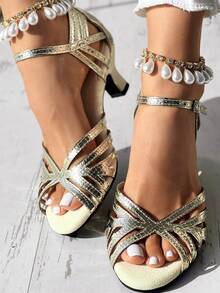 女士亮片圆头软底粗跟芭蕾平底鞋，镂空交叉设计小猫跟舞蹈鞋，百搭正式舞蹈鞋，蛇纹踝带搭扣高跟舞蹈鞋 - 金色 - 查看 8