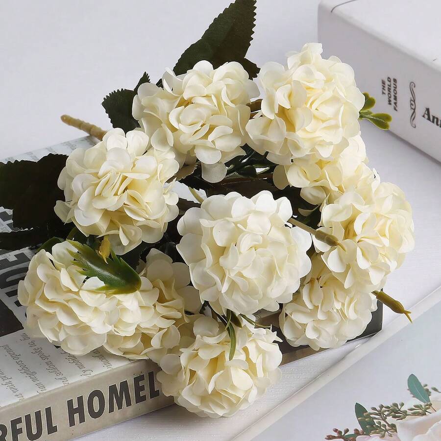 20 Heads Luxury Silk Hydrangea Bouquet Real Touch Artificial Flowers For Wedding Centerpieces, Bridal Shower, Home Table Decor - 白色 - 查看 1