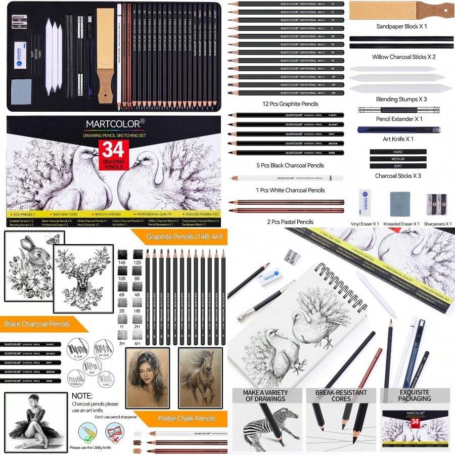 Drawing Sketching Pencils Set 34 Pieces Pro Art Pencil Kit Graphite Pencils 14B4H Charcoal Pencils Charcoal Sticks Artist Pencils For Beginners And Pro Artists - Black-34Pack - View 1