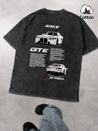 Men's Casual Round Neck Short Sleeve T-Shirt, Vintage Car Graphic Print, Commuter Wear, Street Style For Autumn