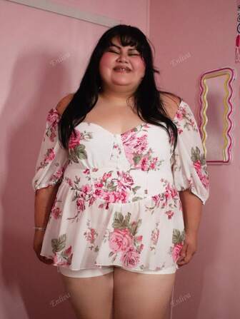 Enliva Camisa informal de manga corta con estampado floral para tallas grandes