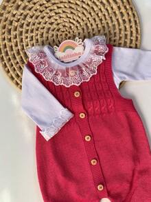 Ema Button Knit Set Girl Bodysuit Overalls Baby Romper - Pink - View 2