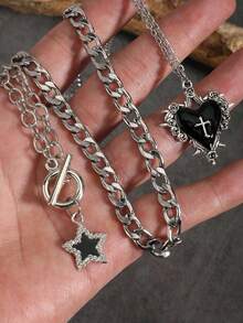 3pcs Punk Rock Star Studded Stainless Steel Necklace With Pendant Designs: Thorn Rose, Cross, Gothic Dark Style, Female Choker Necklace Fit For European And American Y2K Fashion - Silver - View 3