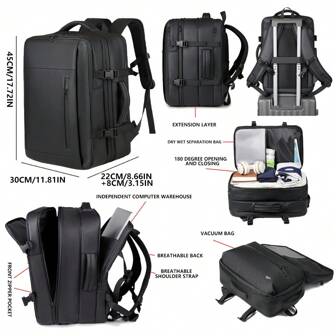 Sac de voyage court avec serrure à code, sac à dos anti-vol, sac à dos à compression sous vide, sac à dos d'ordinateur portable étanche avec capacité extensible pour hommes