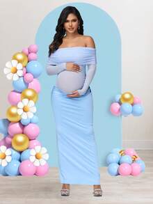 JustVH 孕妇露肩优雅褶饰网眼长裙，适合宝宝派对拍摄