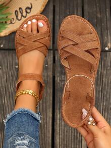 春夏新款平底纽扣凉鞋大码圆头蓝色拖鞋欧美风户外休闲编织沙滩凉鞋女平底凉鞋