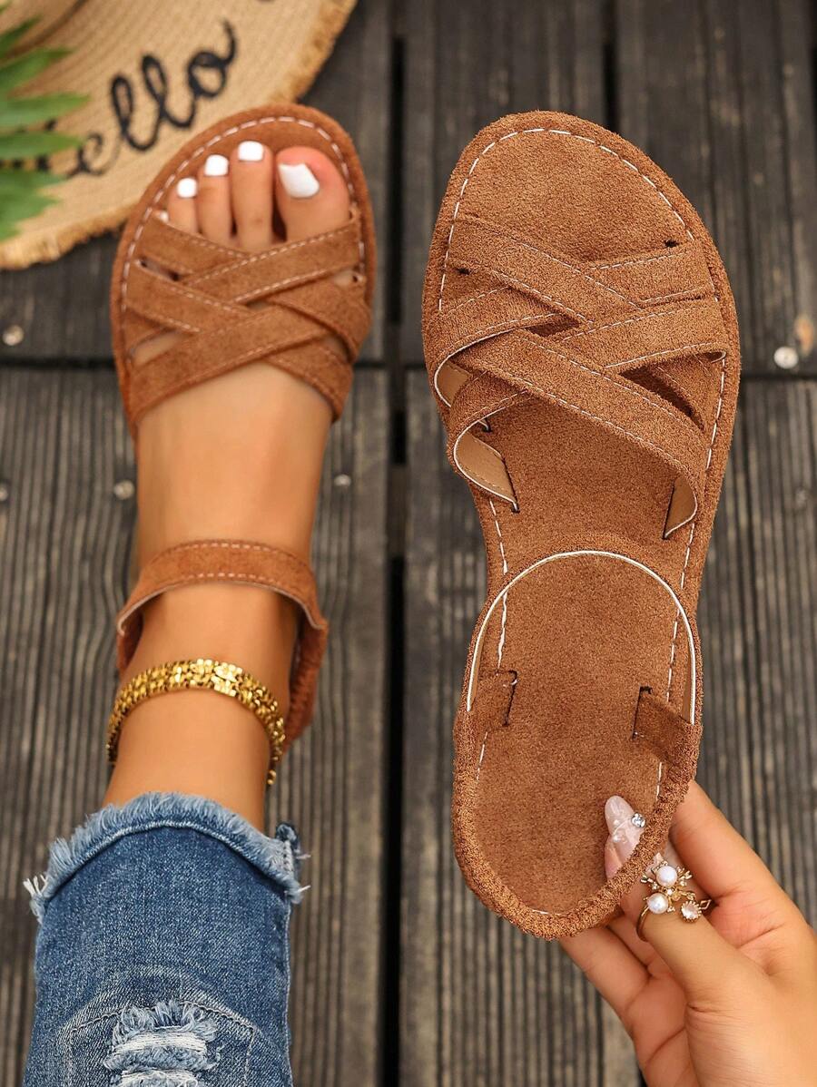 春夏新款平底纽扣凉鞋大码圆头蓝色拖鞋欧美风户外休闲编织沙滩凉鞋女平底凉鞋