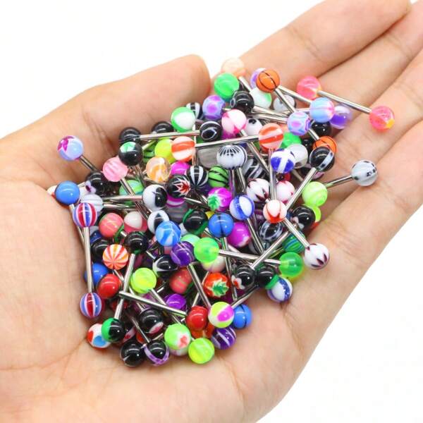 Fashionable Mixed Color Acrylic Tongue Piercing, Random Floral Acrylic Tongue Ring. Cute Women's Tongue Ring; Enjoy Your Tongue Piercing Ladies; Best Gift For Birthday, Christmas, Anniversary, Valentine's Day, Wedding, Profession, Fancy Ball, Halloween Party, Etc., Fashionable Mixed Color Acrylic Tongue Piercing