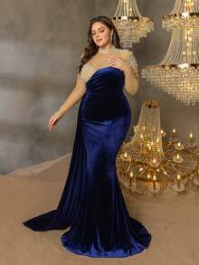 Faeriesty Curve Plus Elegant Women's Formal Evening Gown With High-Neck Collar, Sheer Mesh Long Sleeves Adorned With Pearl Embellishments, Mermaid Silhouette Skirt, And Side Flowing Ribbon – Ideal For Red-Carpet Galas, Black-Tie Dinners, Luxury Wedding Receptions, Ballroom Dance Events, And Opera Night Soirees