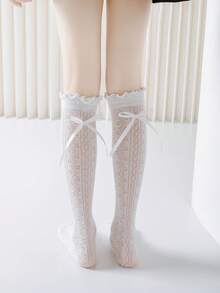 2双装儿童过膝袜，女童网眼袜，白色、黑色、纯色、荷叶边、蝴蝶结、波点、条纹、直筒筒袜，可爱公主风、学院风，春夏秋季均适用，适合日常穿着、派对、公主袜、假期、返校季，精致可爱，百搭，可搭配平底鞋、运动鞋、乐福鞋，返校季、学生、新学期、开学、教室 - 彩色 - 查看 3