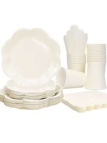 10pcs Ivory Party Supplies Set, Includes Disposable Paper Plates, Cups, Napkins In Cream White, Ivory Tableware Set With Fan-Shaped Plates, Dishes, Napkins And Cups, Disposable Cutlery Set, Suitable For Weddings, Bridal Showers, Baby Showers, Birthdays, Christmas Decorations - Multicolor - View 1