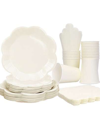 10件套象牙色派对用品套装，包含一次性纸盘、纸杯、米白色餐巾纸，象牙色餐具套装，包含扇形盘、碟、餐巾纸和纸杯，一次性餐具套装，适用于婚礼、新娘送礼会、婴儿派对、生日、圣诞节装饰